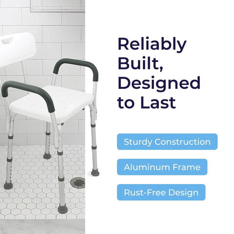 Shower Chair With Back And Padded Arms, Adjustable Height Bath Seat, lightweight aluminum frame, shown in white bathroom.