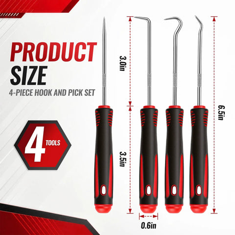 4 Piece Hook and Pick Set for O Ring, Seal and Gasket Removal with Slim Tips and Non Slip Grips for Tight Automotive Spaces, 3.0-6.5in