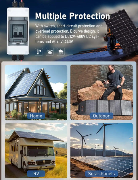 AC DC Solar System Circuit Breaker With IP65 DIN Box 60 Amp Two Pole 12V 400V Non Polarized Solar Panel Disconnect Switch PV Array Shut Off Isolator Weatherproof Durable DIN Rail Mount For DIY Setups shown with home, outdoor, RV, and solar panel applications