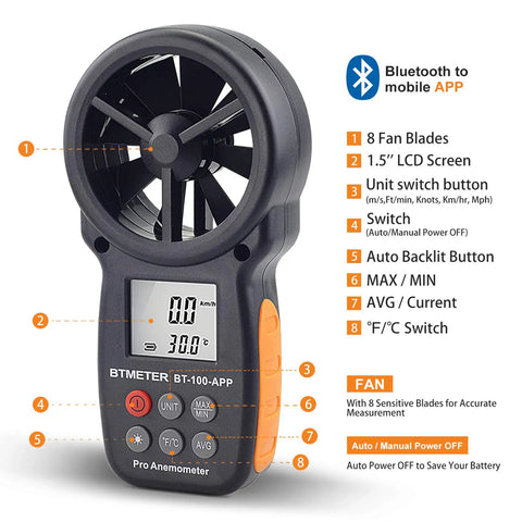BT100APP Wireless Bluetooth Anemometer Handheld Wind Speed Meter With Temperature Wind Chill And Air Velocity Readings In Five Units Meters Per Second Kilometers Per Hour Feet Per Minute Knots Miles Per Hour And Battery Power Display For On The Go, handheld black plastic