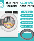 Upgraded W11314648 Washer Door Boot Seal Replacement For Maytag Inglis Amana, Easy Install, Compatible With WFW6620HC0 MHW5630HW0 WFW5620HW0 Models, Durable Rubber Gasket, Replaces 4931032 AP6835703 PS12711495 EAP12711495, 3 Year Warranty. Gray washer door boot seal shown with compatible part numbers.