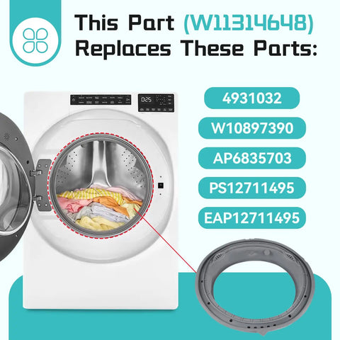 Upgraded W11314648 Washer Door Boot Seal Replacement For Maytag Inglis Amana, Easy Install, Compatible With WFW6620HC0 MHW5630HW0 WFW5620HW0 Models, Durable Rubber Gasket, Replaces 4931032 AP6835703 PS12711495 EAP12711495, 3 Year Warranty. Gray washer door boot seal shown with compatible part numbers.