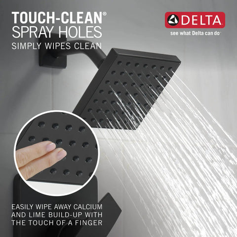 Matte Black Shower Faucet Trim Kit With Head And Handle, Universal MultiChoice Compatibility, water flowing from spray holes.