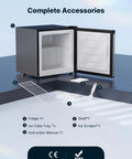 Compact Upright Freezer Delivering 1.1 Cu Ft Of Legit Cold Storage accessories including shelf, ice tray, and scraper on a smooth surface.