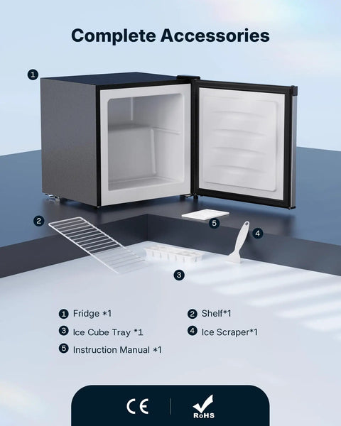 Compact Upright Freezer Delivering 1.1 Cu Ft Of Legit Cold Storage accessories including shelf, ice tray, and scraper on a smooth surface.