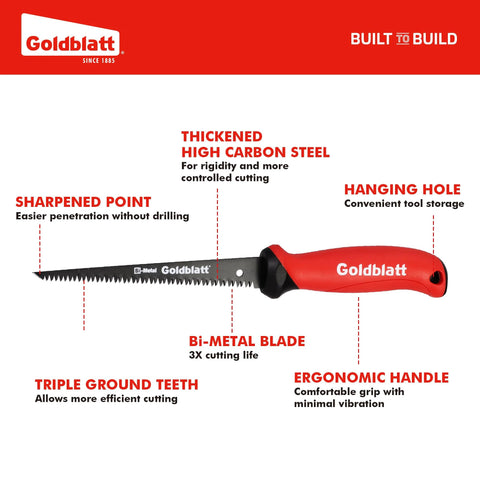 Goldblatt drywall saw side view with 6-inch jab blade and red ergonomic handle.