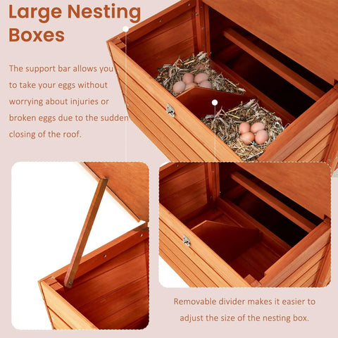 Big Ol Wooden Chicken Coop With Run For 4-6 Chickens showing large nesting boxes with straw and eggs