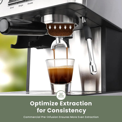 2026 Upgrade 20 Bar Espresso Machine with Built In Grinder and Milk Frother showcasing coffee extraction