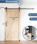 Diagram of 6FT Sliding Barn Door Hardware Track Kit & Handle with 72" track, showing door dimensions and installation requirements.