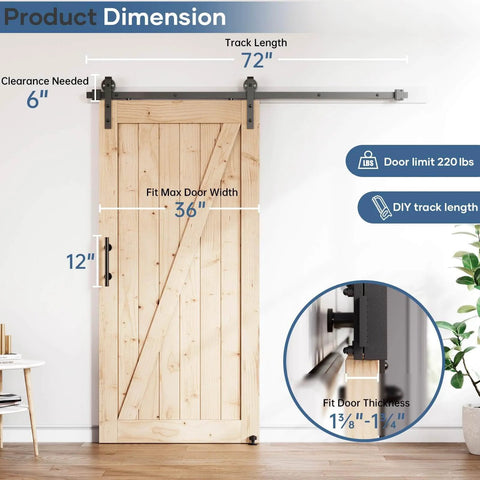 Diagram of 6FT Sliding Barn Door Hardware Track Kit & Handle with 72" track, showing door dimensions and installation requirements.