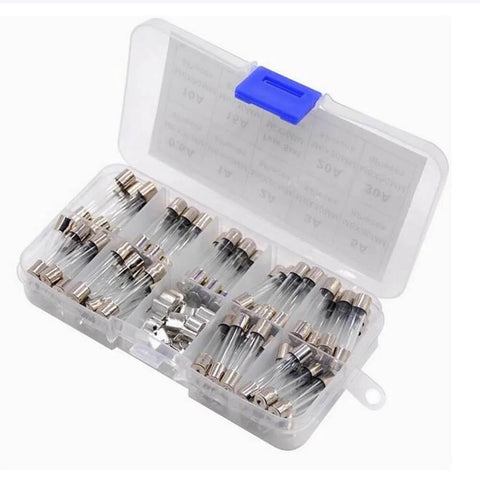 72 Piece Glass Fuse Set 6x30mm Assortment 0.5A to 30A with Holder in Organized Box Visible