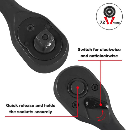 Close-up of 72-teeth ratchet from 1/4" Drive Impact Socket Set 90 Piece, showing switch for clockwise and anticlockwise use.