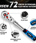 72 tooth extendable flex-head ratchet with rubberized grip, quick release button, and reversible switch design.