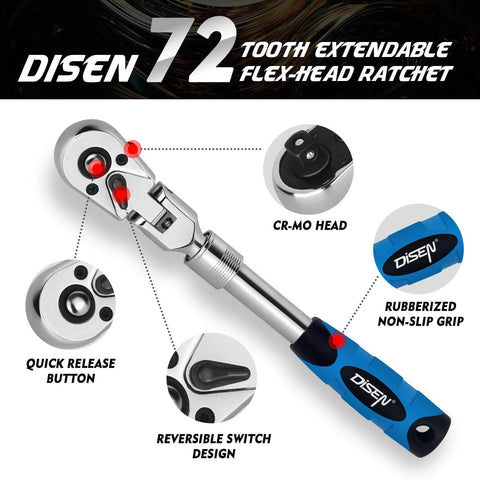 72 tooth extendable flex-head ratchet with rubberized grip, quick release button, and reversible switch design.
