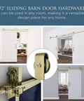 Brushed Gold 72 Inch Interior Sliding Barn Door Hardware One Piece Designer Kit With Soft Close track visualized in multiple views
