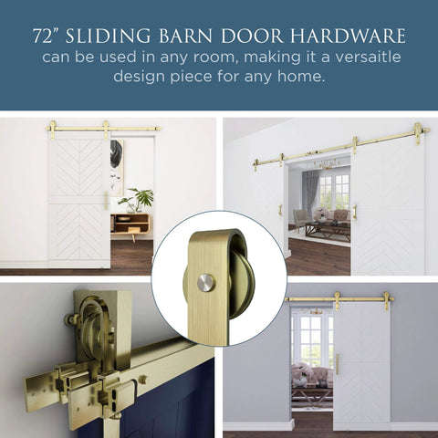 Brushed Gold 72 Inch Interior Sliding Barn Door Hardware One Piece Designer Kit With Soft Close track visualized in multiple views
