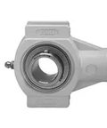 Front view of 1-1/2 in Stainless Steel Take-Up Unit with Set Screw Lock, RF Double-Lip Contact Seal, White Polymer Housing, Open/Close Covers