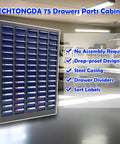 Bolt and Nut Tool Storage Cabinet 75 Drawers Parts Cabinet in garage setting with dividers and labels, steel casing
