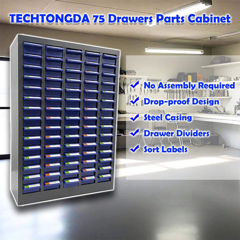 Bolt and Nut Tool Storage Cabinet 75 Drawers Parts Cabinet in garage setting with dividers and labels, steel casing