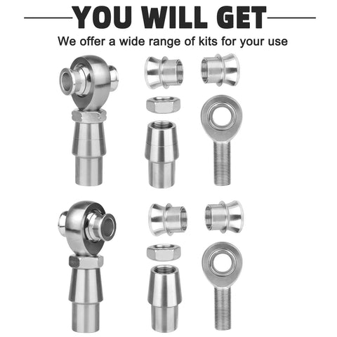 3/4 Heim Joint Rod End Kit with Left and Right Hand Threads, .750 Chromoly Panhard Joints Set with tube adapters, jam nuts, spacers.