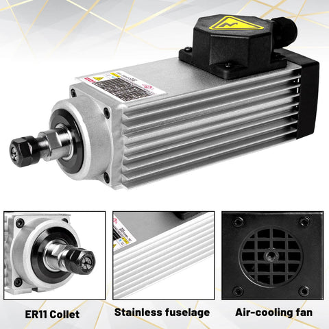 Beefy 750W 220V Square Air Cooled ER11 Spindle Motor 18000 RPM With 4 Bearings 3 Phase 400Hz showing stainless fuselage and air-cooling fan