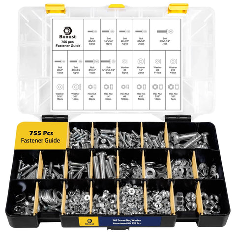 2300 Piece Hardware Assortment Kit with Metric and SAE Machine Screws Nuts Bolts and Washers Featuring 3 Stackable Trays Open case view.