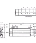 Technical diagram of 7.5KW Square Air Cooled Spindle Motor for CNC Machines, showing dimensions and component layout
