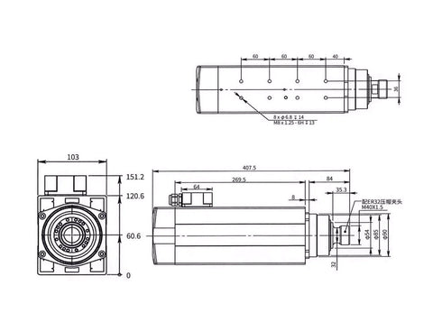 Technical diagram of 7.5KW Square Air Cooled Spindle Motor for CNC Machines, showing dimensions and component layout