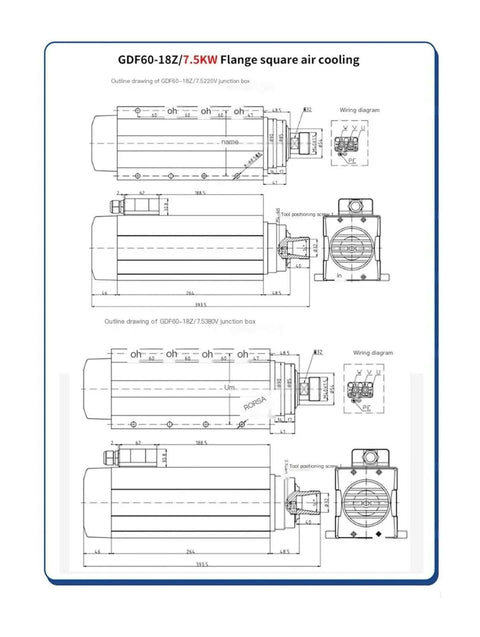 Diagram of 7.5KW CNC Spindle Motor Air Cooled 18000 RPM ER32 Square Spindle With Flange 4 Bearing for CNC machines