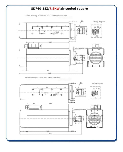 Technical diagram of 7.5KW CNC Spindle Motor with 18000 RPM, ER32, 4 Bearings, 380V, Air Cooled High Speed for Precise Machining