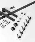 7.5ft Barn Door Hardware Kit with I shape hanger, carbon steel sliding track, nylon rollers, installation components spread out.