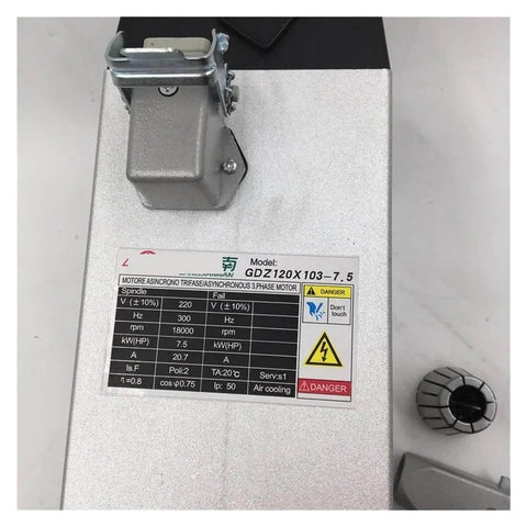 Close-up of the Beefy 7.5KW 10HP 220V CNC Spindle Motor Kit label and ER32 chuck showing specifications and air cooling feature for milling.
