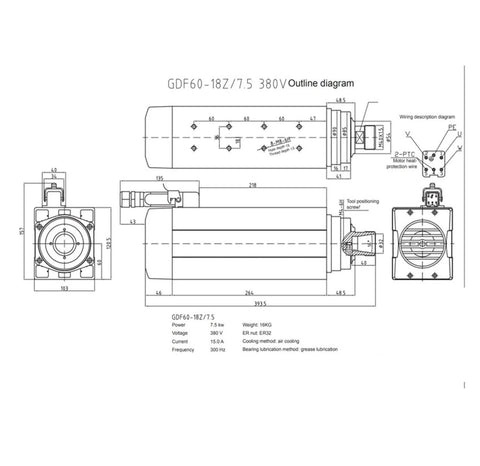 Technical diagram of 7.5KW Air Cooled CNC Spindle Motor ER32 with 4 Bearings, Dual Voltage 220V 380V, for CNC Routers and Milling Machines.