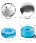 Components of 75mm 3 Inch Badge Maker Kit With 86mm Circle Cutter And Pad for DIY Badges, showing molds and tin badge blanks in blue and silver.