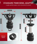 75mm Bowl Adapter With Retractable Handle And Aluminum Alloy Half Ball Leveling Base Three Eighths Inch Mounting Screw Level Bubble And Gravity Hook For Tripods Ball Heads And Fluid Heads Premium Anodized Finish, front and side view with measurements