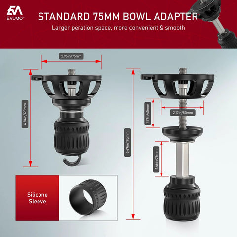 75mm Bowl Adapter With Retractable Handle And Aluminum Alloy Half Ball Leveling Base Three Eighths Inch Mounting Screw Level Bubble And Gravity Hook For Tripods Ball Heads And Fluid Heads Premium Anodized Finish, front and side view with measurements