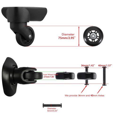 75mm x 23mm Luggage Wheels Replacements Set of 2 Mute Suitcase Replacement Wheels with Black Screws Axles Bearings, showing dimensions and parts
