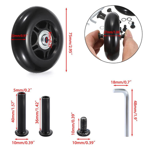 75mm x 23mm Luggage Wheels Replacements Set of 2 Mute Suitcase Replacement Wheels with Black Screws Axles Bearings