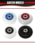 Four caster wheels in black, blue, red, and white variations, 76mm x 24mm, for 360 PowerRider RipRider FlashRider Caster Trike Ripster.