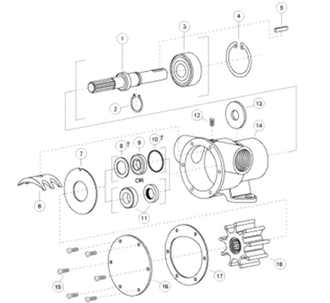 Exploded view diagram of 777-9001 Marine Pulley Driven Flexible Impeller Pedestal Mount Pump components.