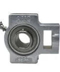 Front view of 1-1/4 in take-up bearing, single; nickel-plated cast iron housing with stainless set screw, relubricatable contact seal.