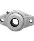 40mm Narrow ID 2-Bolt Flange Bearing Single 1-Pack, Stainless Insert with Set-Screw Locking, open view, white polymer housing.