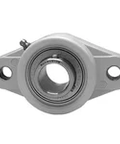 Front view of a stainless 1-1/4 inch RF block with ball bearing locking set screw, relubrication capable, and double lip seal with slinger.