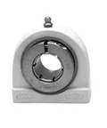 Front view of 1-3/16 in Kanigen Accu-Loc white tapped base pillow block, open cover single row ball insert with concentric collar lock, contact seal.