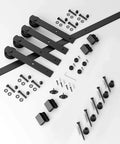 7FT Double Sliding Barn Door Hardware Kit for Two 21 Inch Door Panels, showing carbon steel track, rollers, and screws, doors not included
