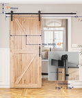 7ft Barn Door Hardware Kit with I shape hanger shown installed on 42-inch wooden door, highlighting black sliding carbon steel track and rollers.