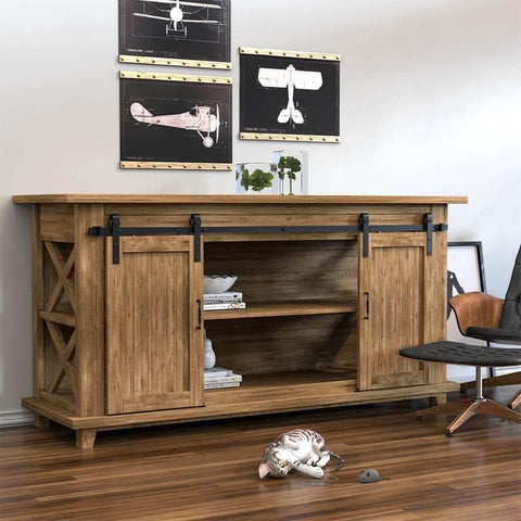 7FT Super Mini Sliding Barn Door Hardware Kit for Double Cabinet Doors on TV Stands and Small Wardrobes, installed view