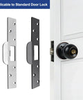 Image of Extra Long 7 Inch Heavy Duty Door Strike Plate Repair Kit With Oversized Striker For Damaged Frames Slots And Jambs Large Hole To Fix Latch Sticking Security Reinforcement Plate And Screw Set next to a door lock assembly.