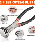 7-inch end cutting pliers with ergonomic grip handles, sharp cutting edge, carbon steel material, and rust resistant finish