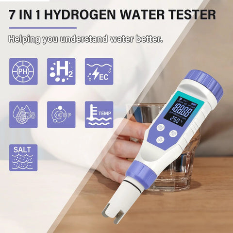 Hydrogen Water Tester Meter For Drinking And Bottled Water Yewhick 7 In 1 H2 TDS EC pH ORP Meter with backlit display